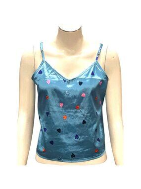 Blue Heart M Adjustable Strap Camisole Tank Top Cute Relaxed Satin Fit
